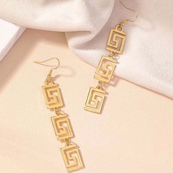 Greek Key Alloy Gold Plated Dangle Drop Earrings - Picture 2 of 9